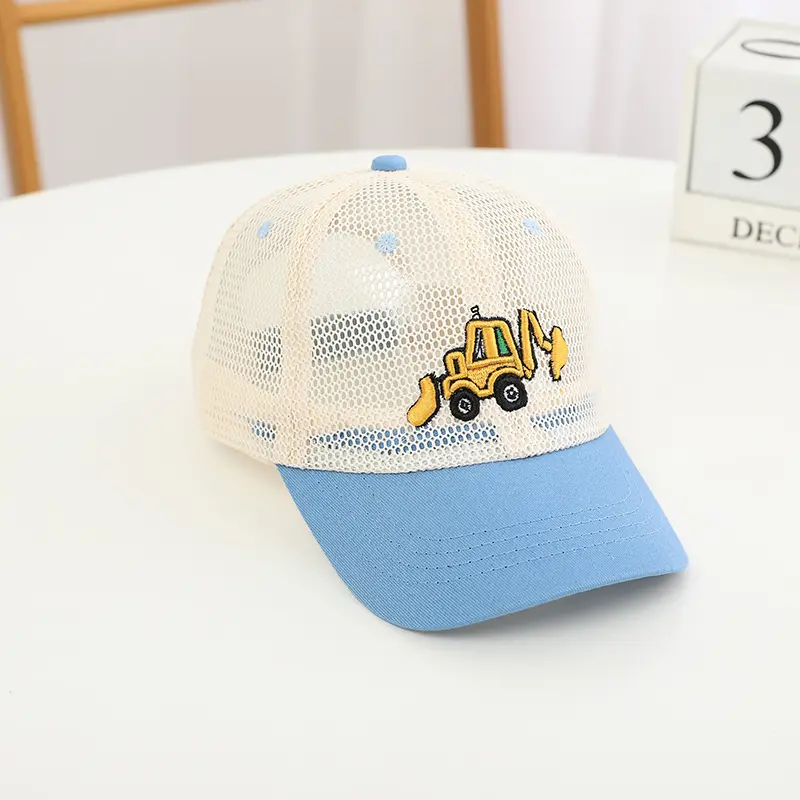 Kids' Mesh Baseball Caps with Colorful Brims & Adorable Excavator Embroidery - Trendy and Versatile