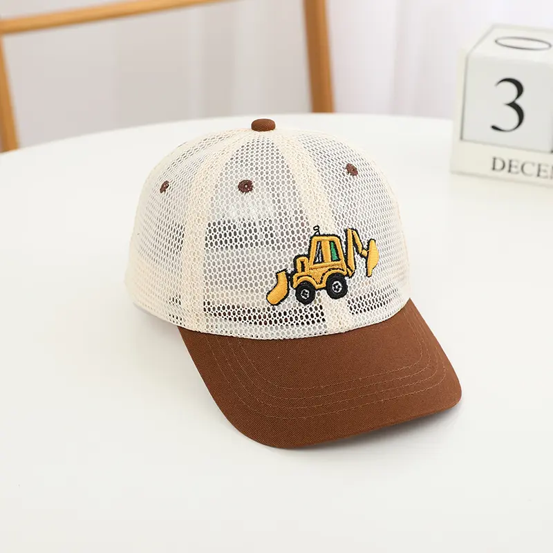 Kids' Mesh Baseball Caps with Colorful Brims & Adorable Excavator Embroidery - Trendy and Versatile