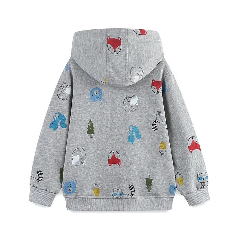 Autumn New Arrival Kids' Grey Hooded Jacket Cute Forest Themed Prints, Comfortable for Daily Wear for Girls Boys
