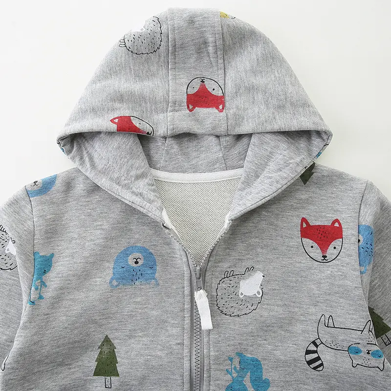 Autumn New Arrival Kids' Grey Hooded Jacket Cute Forest Themed Prints, Comfortable for Daily Wear for Girls Boys