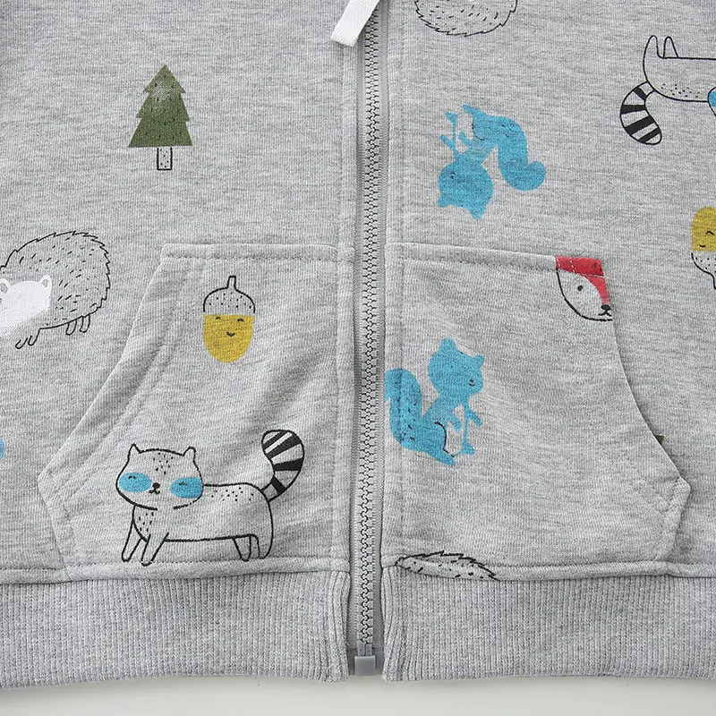 Autumn New Arrival Kids' Grey Hooded Jacket Cute Forest Themed Prints, Comfortable for Daily Wear for Girls Boys