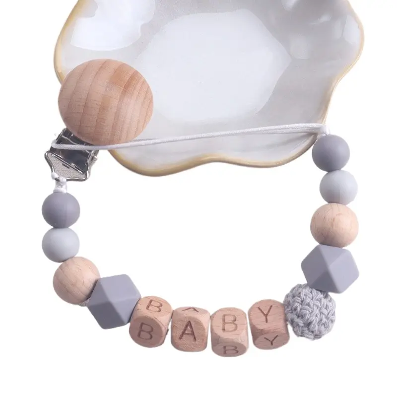 Baby Pacifier Clip, Silicone & Wood Beads Soother Holder, Personalized Name Teether Chain, Baby Shower Gift