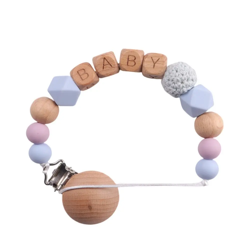 Baby Pacifier Clip, Silicone & Wood Beads Soother Holder, Personalized Name Teether Chain, Baby Shower Gift
