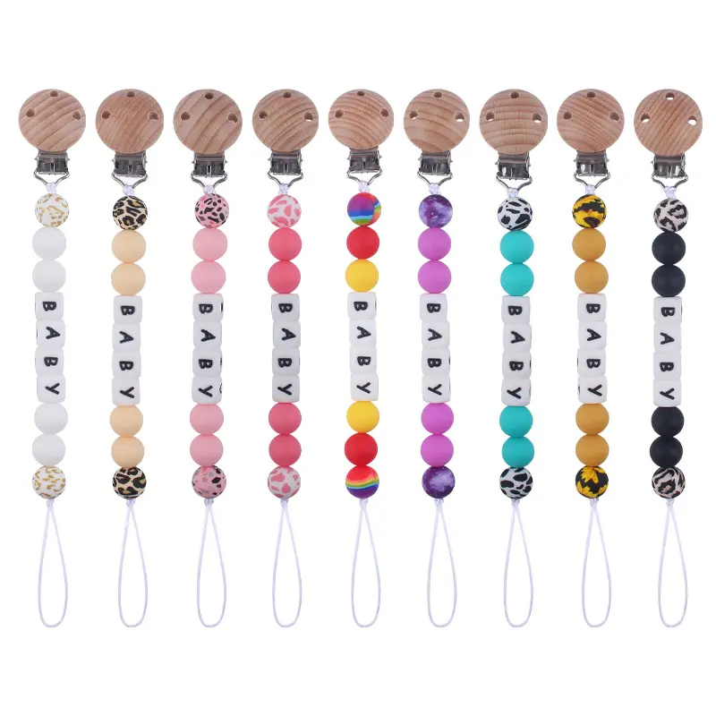 Personalized Name Baby Pacifier Clips Chains Leopard Silicone Beads Teethers Dummy Nipple Holder Clip Newborn Chew Teething Toys