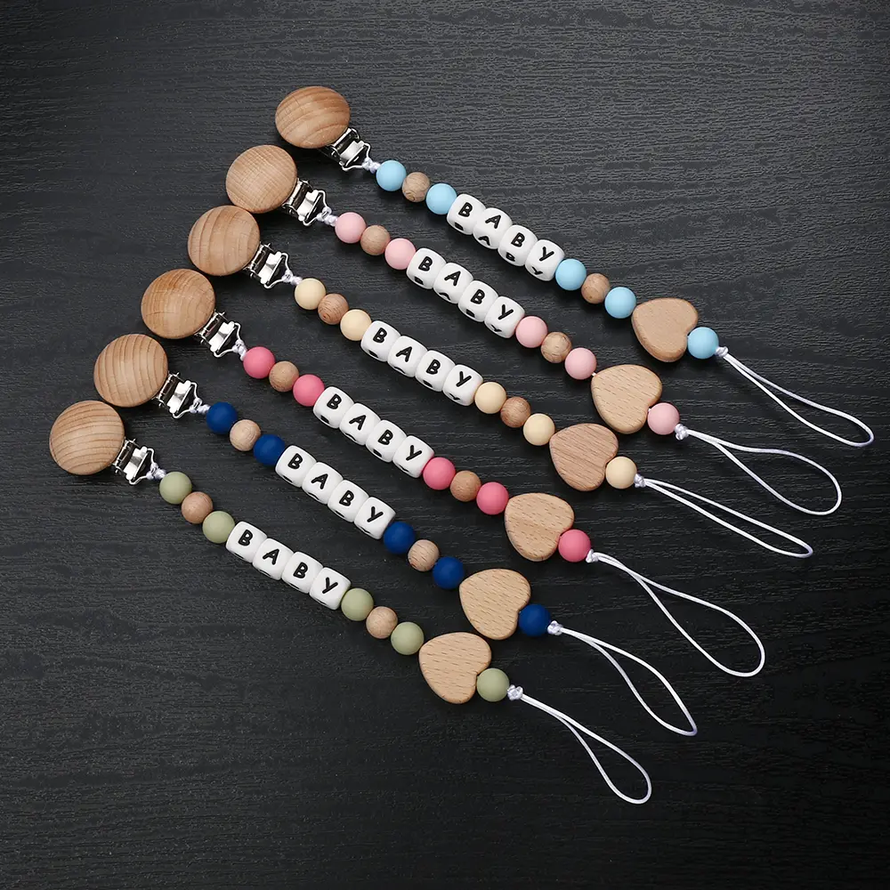 Baby Personalized Silicone Name Wood Heart Newborn Accessories Pacifier Chain Teething Toy Chew Gift Nipple Dummy Holder Chain