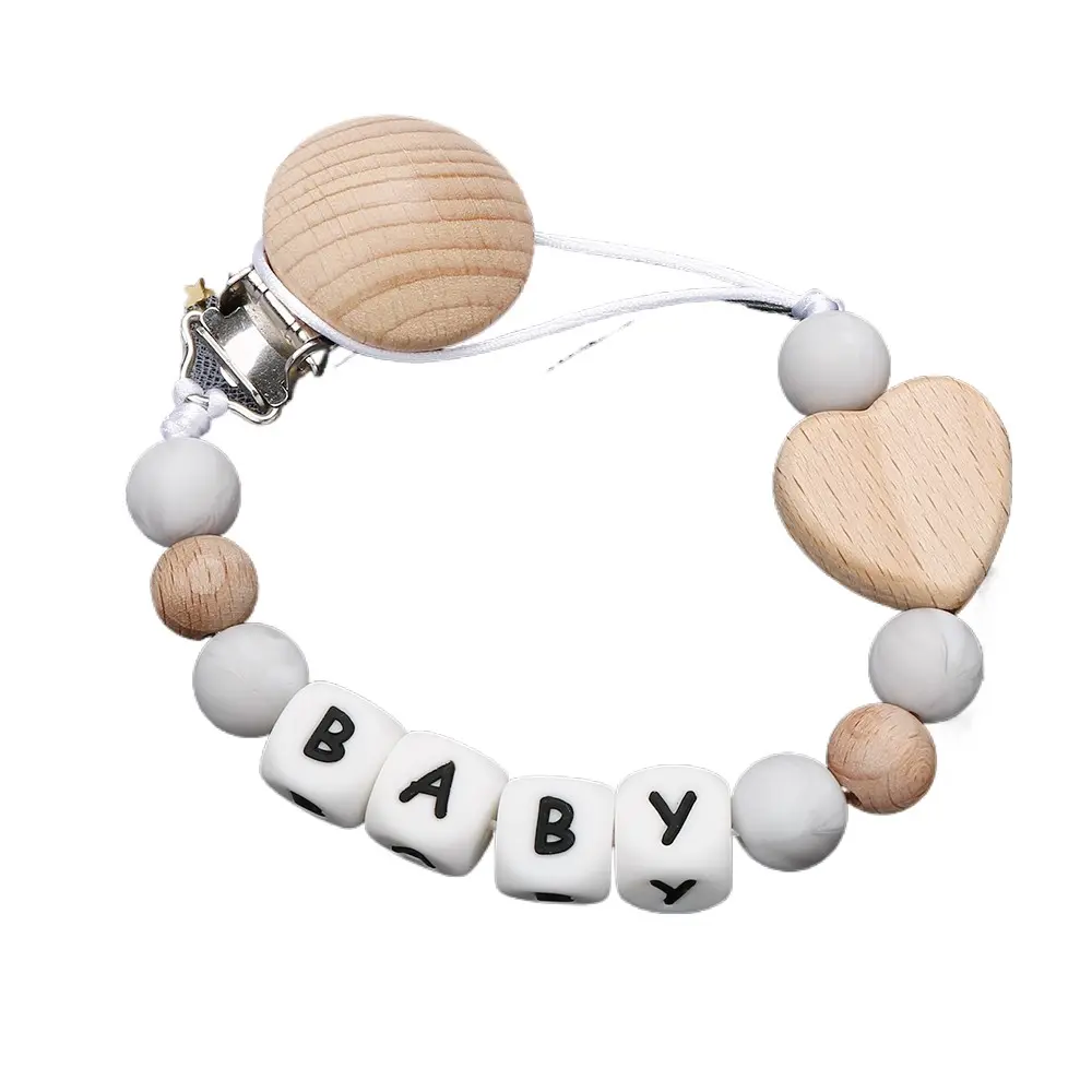 Baby Personalized Silicone Name Wood Heart Newborn Accessories Pacifier Chain Teething Toy Chew Gift Nipple Dummy Holder Chain