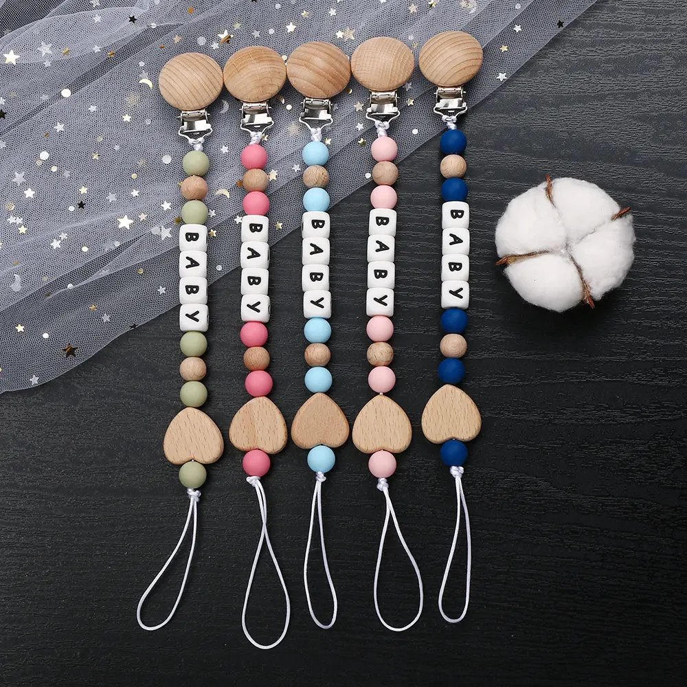 Baby Personalized Silicone Name Wood Heart Newborn Accessories Pacifier Chain Teething Toy Chew Gift Nipple Dummy Holder Chain
