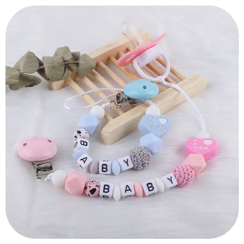 Custom Name Personalize English Letter Dummy Pacifier Clips Holder Baby Silicone heart Pacifier Chain Baby Soother Chew Toy