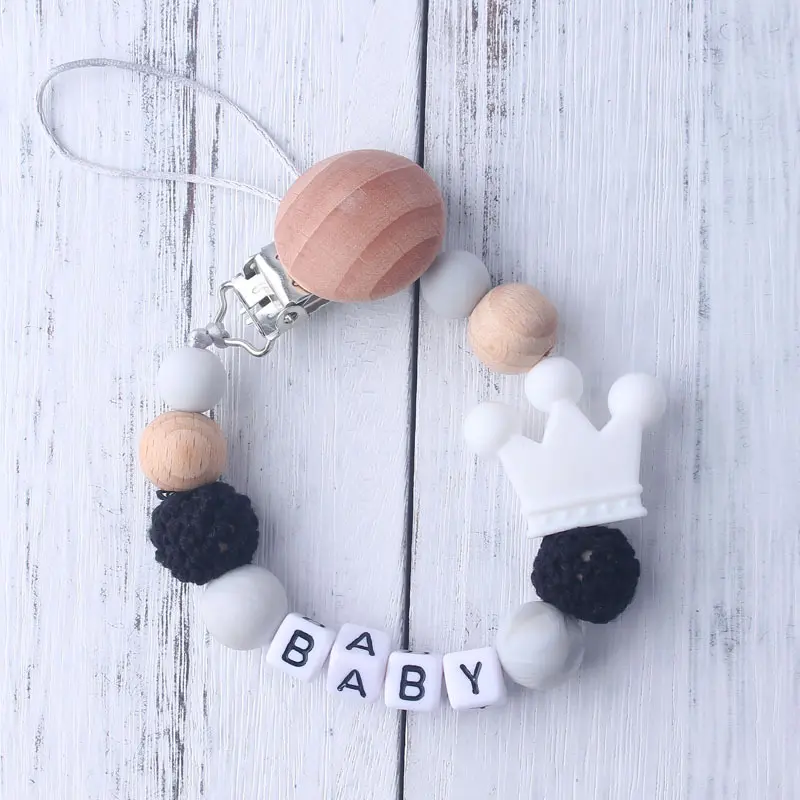 Personalized Name 1pcs Pink Pacifier Clips Crochet Beads Silicone Crown Dummy Chain Holder Baby Shower Gift