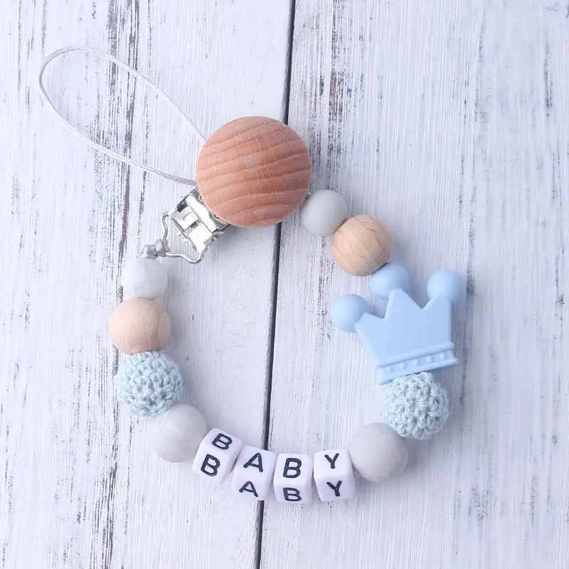Personalized Name 1pcs Pink Pacifier Clips Crochet Beads Silicone Crown Dummy Chain Holder Baby Shower Gift