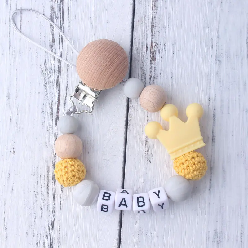 Personalized Name 1pcs Pink Pacifier Clips Crochet Beads Silicone Crown Dummy Chain Holder Baby Shower Gift