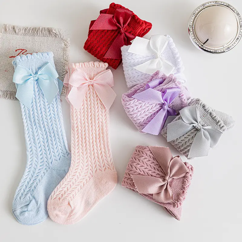 0-3Y Baby Girls' Pink White Knee High Socks Delicate Knit Pattern, Adorable Satin Bow Decoration