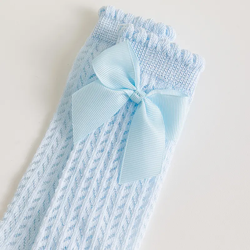 0-3Y Baby Girls' Pink White Knee High Socks Delicate Knit Pattern, Adorable Satin Bow Decoration