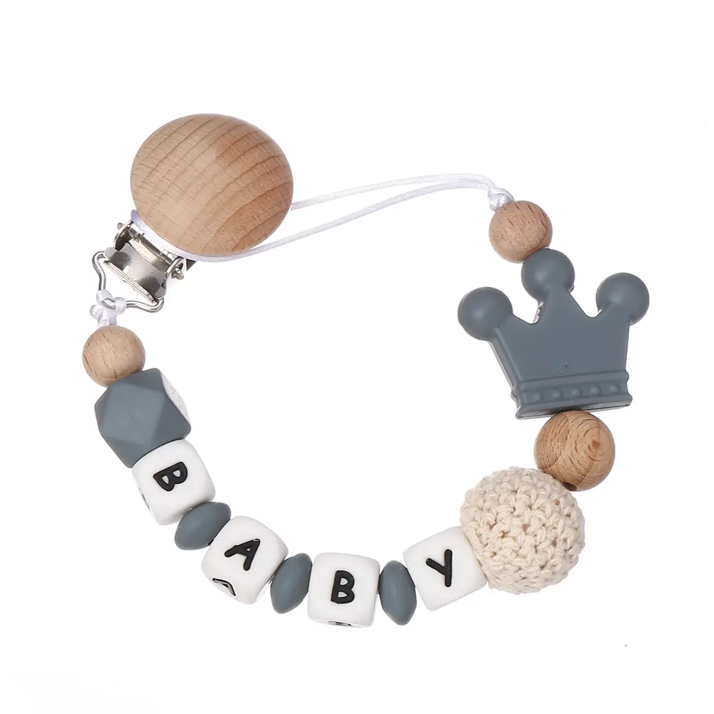 Personalized English Letters Baby Silicone Crown Pacifier Clips Chains Holder Teether Pendants Teething Kawaii Baby Gift