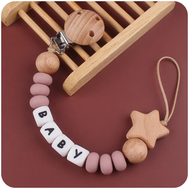 Baby Pacifiers Clips Wooden Star Personalized Name DIY Silicone Dummy Nipple Holder Chains Pacifier Clip Teething Toys BPA Free