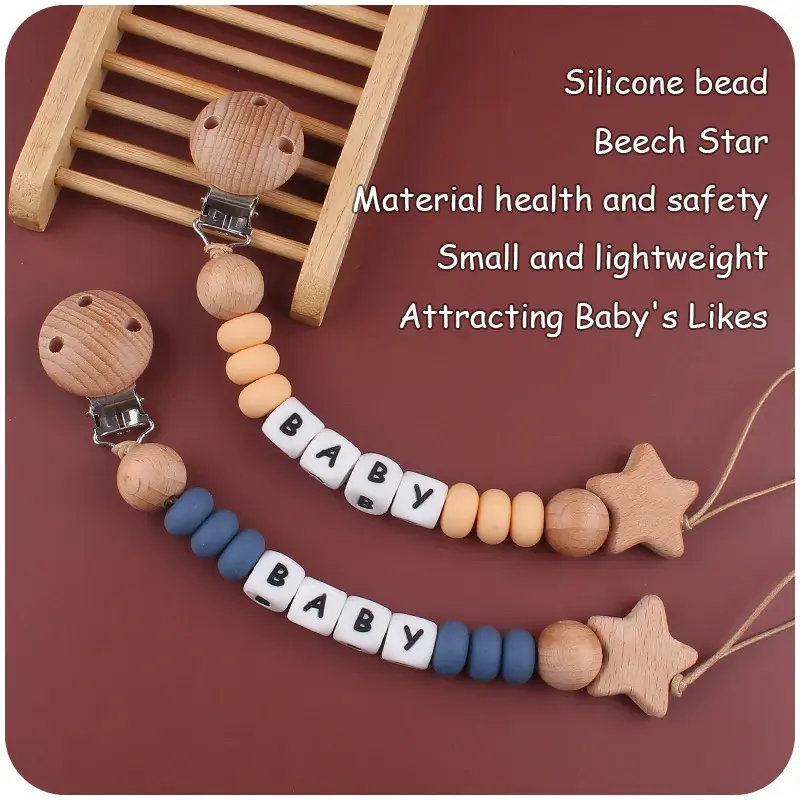 Baby Pacifiers Clips Wooden Star Personalized Name DIY Silicone Dummy Nipple Holder Chains Pacifier Clip Teething Toys BPA Free