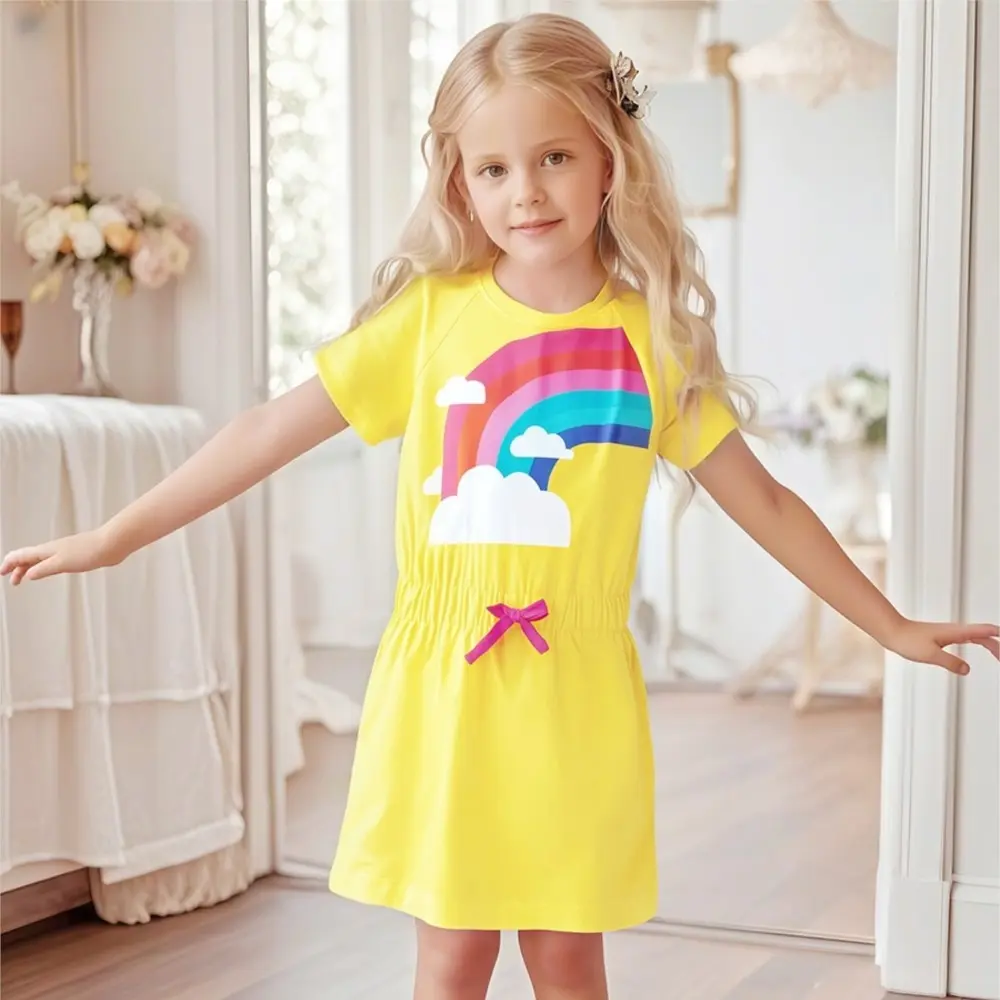 Girls' Yellow Short - Sleeve Dress - with Rainbow and Cloud Print and Elastic Waist with Purple Tie - Suitable for Ages 2-7y