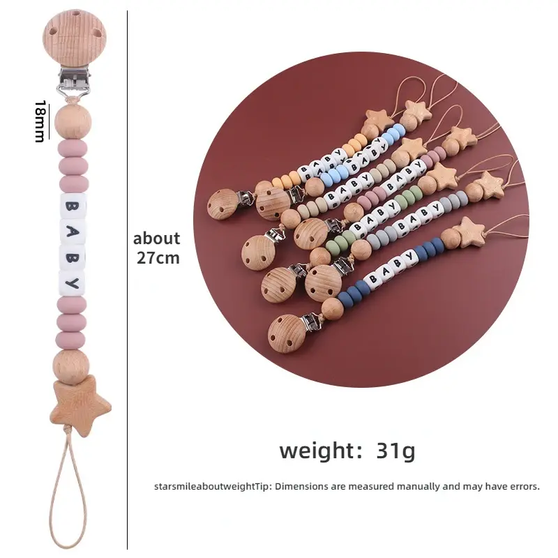 Baby Pacifiers Clips Wooden Star Personalized Name DIY Silicone Dummy Nipple Holder Chains Pacifier Clip Teething Toys BPA Free