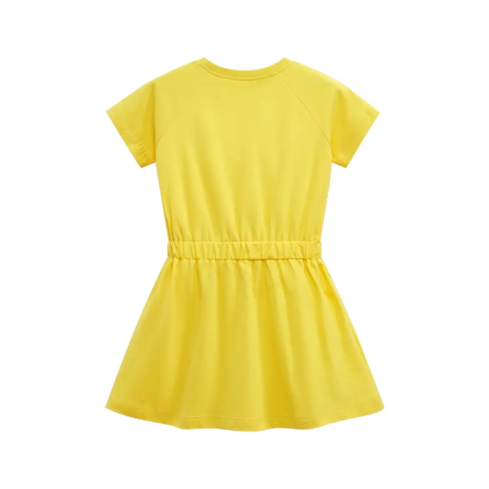 Girls' Yellow Short - Sleeve Dress - with Rainbow and Cloud Print and Elastic Waist with Purple Tie - Suitable for Ages 2-7y
