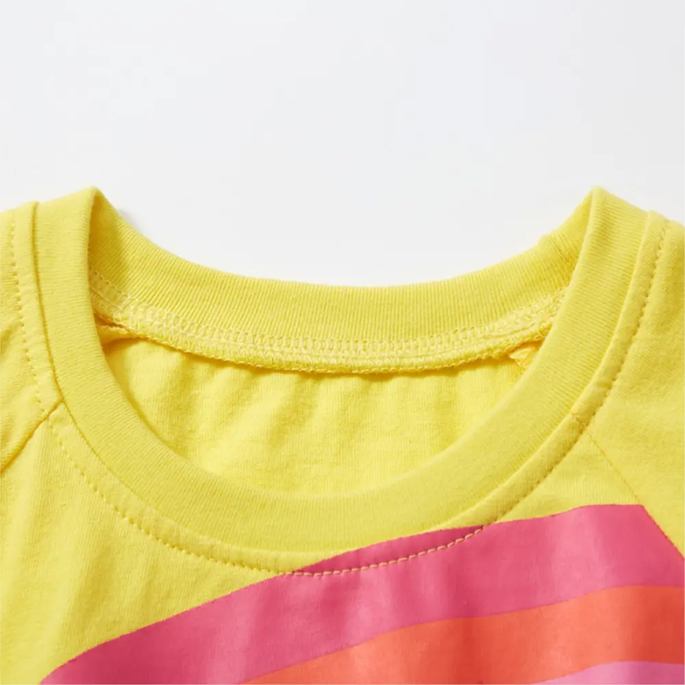 Girls' Yellow Short - Sleeve Dress - with Rainbow and Cloud Print and Elastic Waist with Purple Tie - Suitable for Ages 2-7y