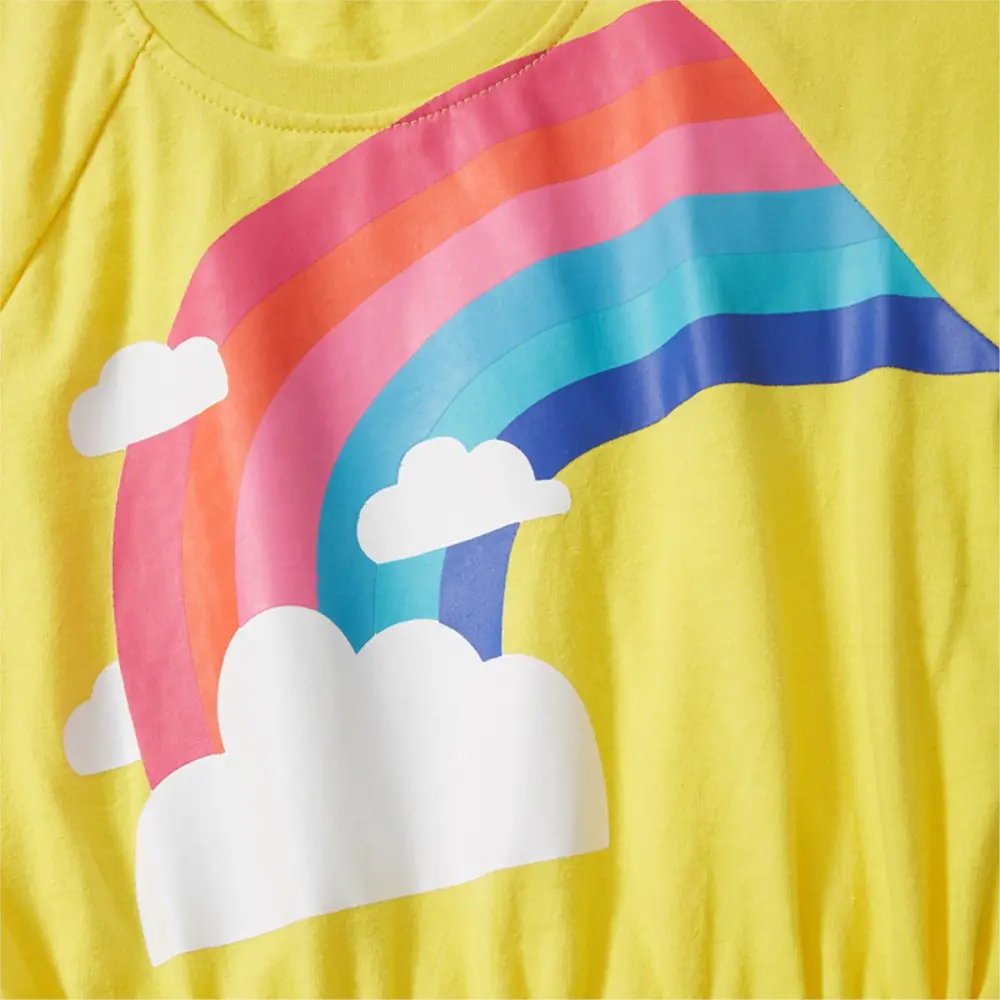 Girls' Yellow Short - Sleeve Dress - with Rainbow and Cloud Print and Elastic Waist with Purple Tie - Suitable for Ages 2-7y