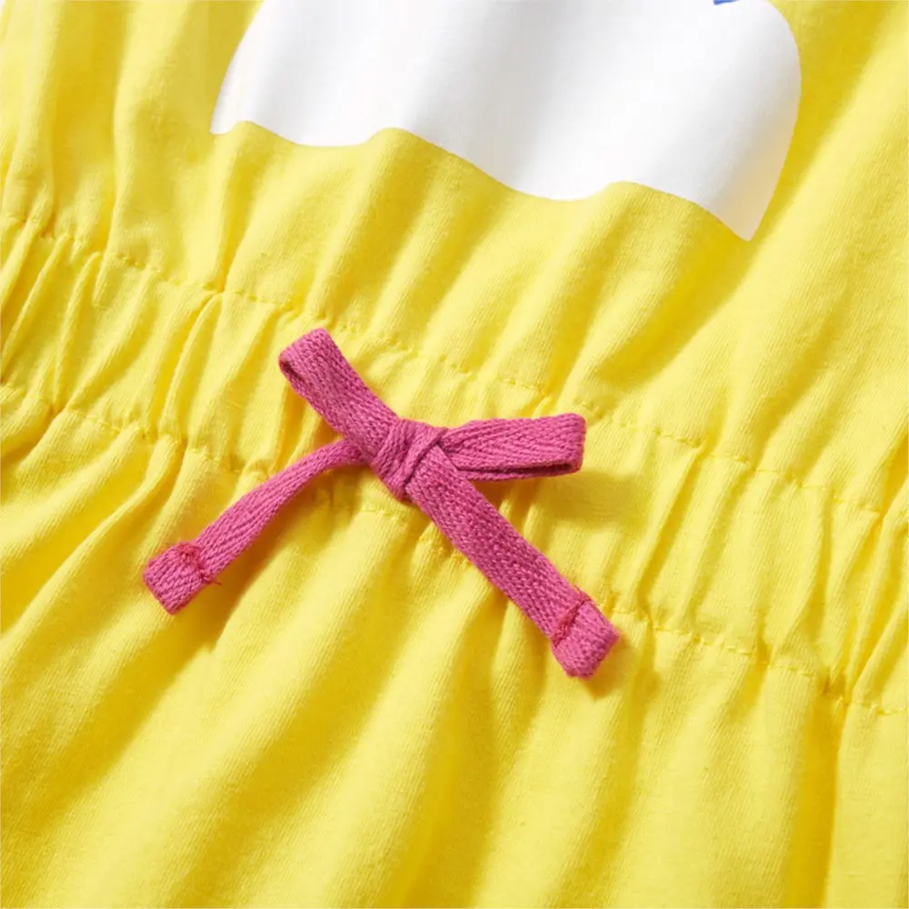 Girls' Yellow Short - Sleeve Dress - with Rainbow and Cloud Print and Elastic Waist with Purple Tie - Suitable for Ages 2-7y