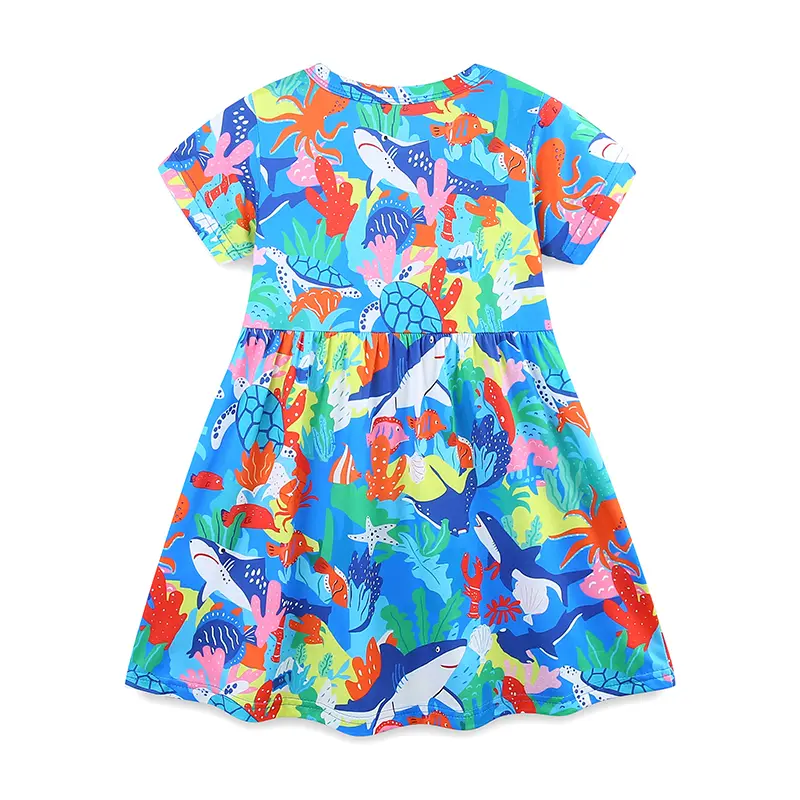 Girls' Blue Short Sleeve Dress with Colorful Marine Life All over Print (Sharks, Octopuses, Turtles) Suitable for Ages 2-7 Years