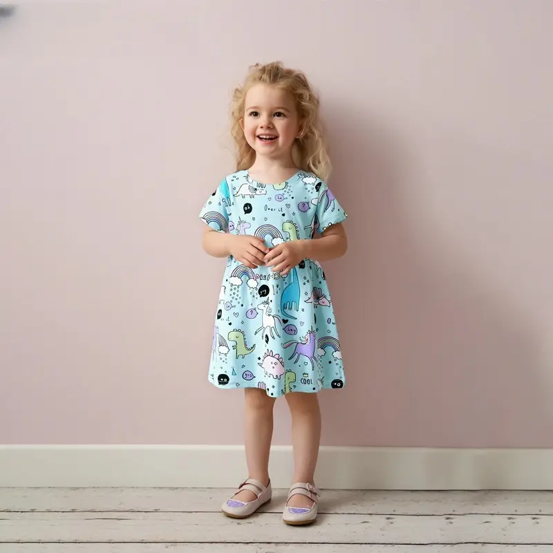 Girls' Light Blue Short - Sleeve Dress - with Dinosaur, Unicorn and Fun - themed All - over Print - Suitable for Ages 2-7y