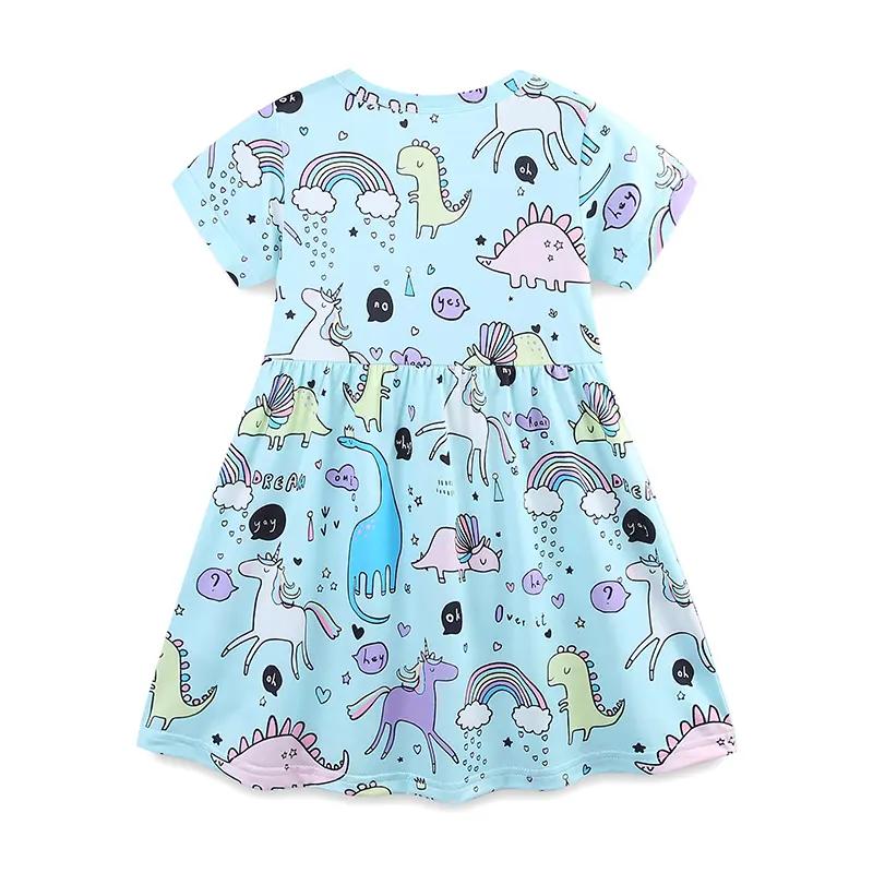 Girls' Light Blue Short - Sleeve Dress - with Dinosaur, Unicorn and Fun - themed All - over Print - Suitable for Ages 2-7y