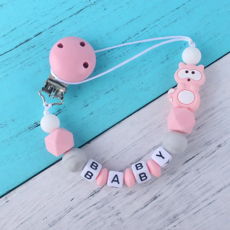 Personalized Name Handmade Pacifier Chains Silicone Raccoon Focal Beads Dummy Clips Holder Chain