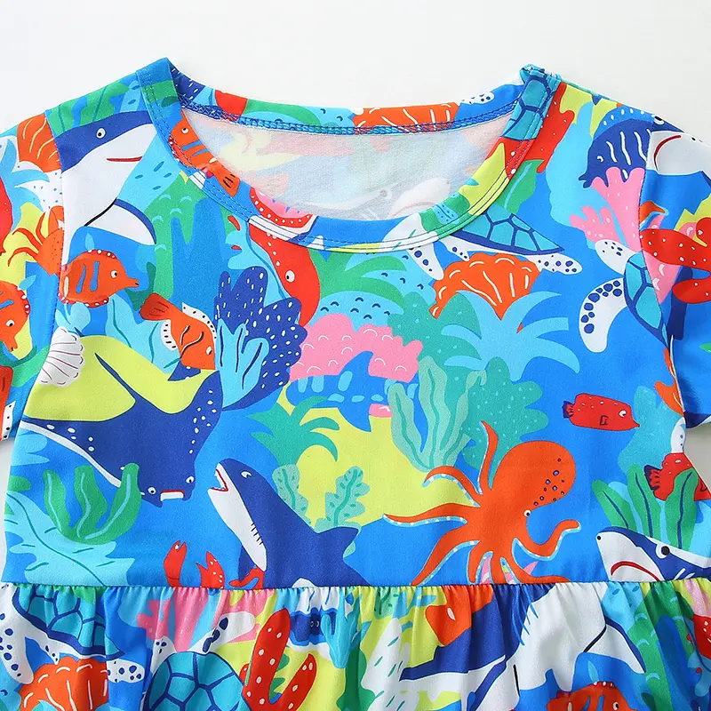 Girls' Blue Short Sleeve Dress with Colorful Marine Life All over Print (Sharks, Octopuses, Turtles) Suitable for Ages 2-7 Years