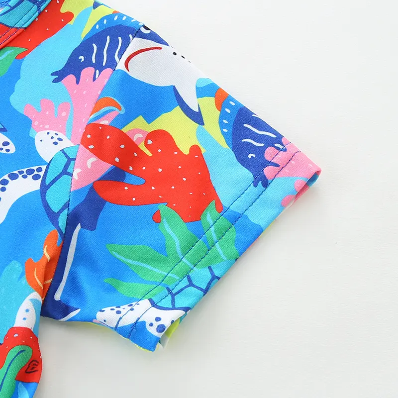Girls' Blue Short Sleeve Dress with Colorful Marine Life All over Print (Sharks, Octopuses, Turtles) Suitable for Ages 2-7 Years