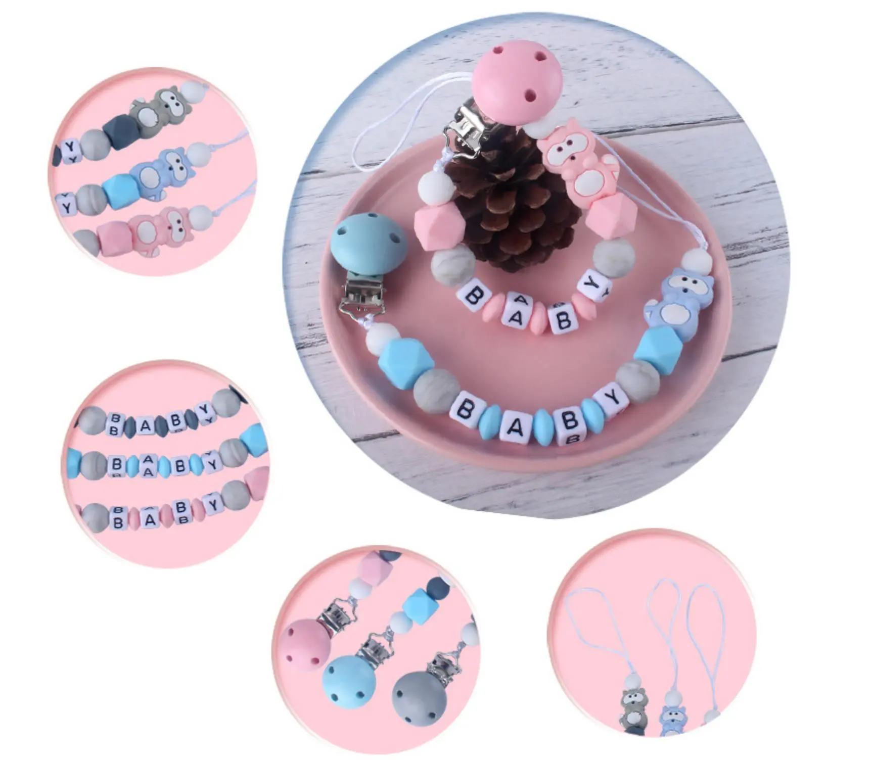 Personalized Name Handmade Pacifier Chains Silicone Raccoon Focal Beads Dummy Clips Holder Chain