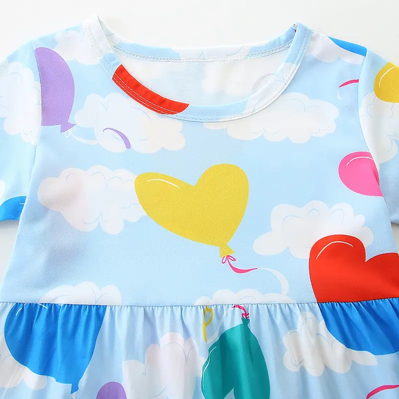 Girls' Light Blue Short - Sleeve Dress - with Heart - shaped Balloon and Cloud Prints - Suitable for Ages 3 - 8
