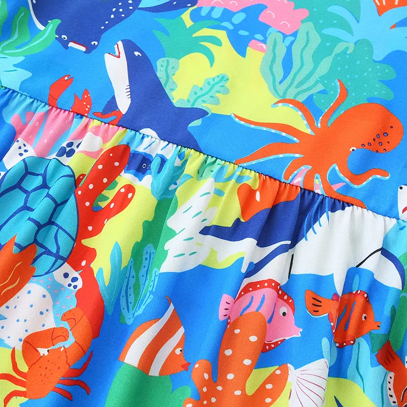 Girls' Blue Short Sleeve Dress with Colorful Marine Life All over Print (Sharks, Octopuses, Turtles) Suitable for Ages 2-7 Years