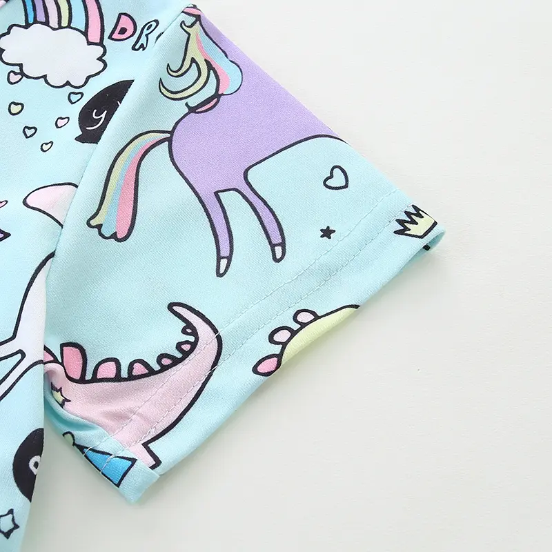Girls' Light Blue Short - Sleeve Dress - with Dinosaur, Unicorn and Fun - themed All - over Print - Suitable for Ages 2-7y