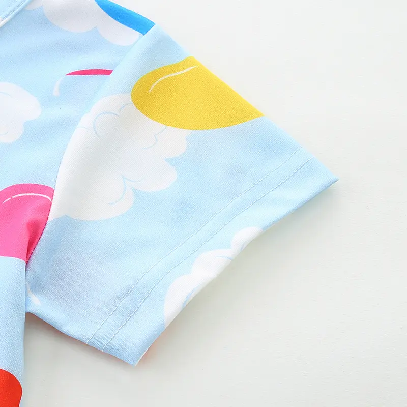 Girls' Light Blue Short - Sleeve Dress - with Heart - shaped Balloon and Cloud Prints - Suitable for Ages 3 - 8