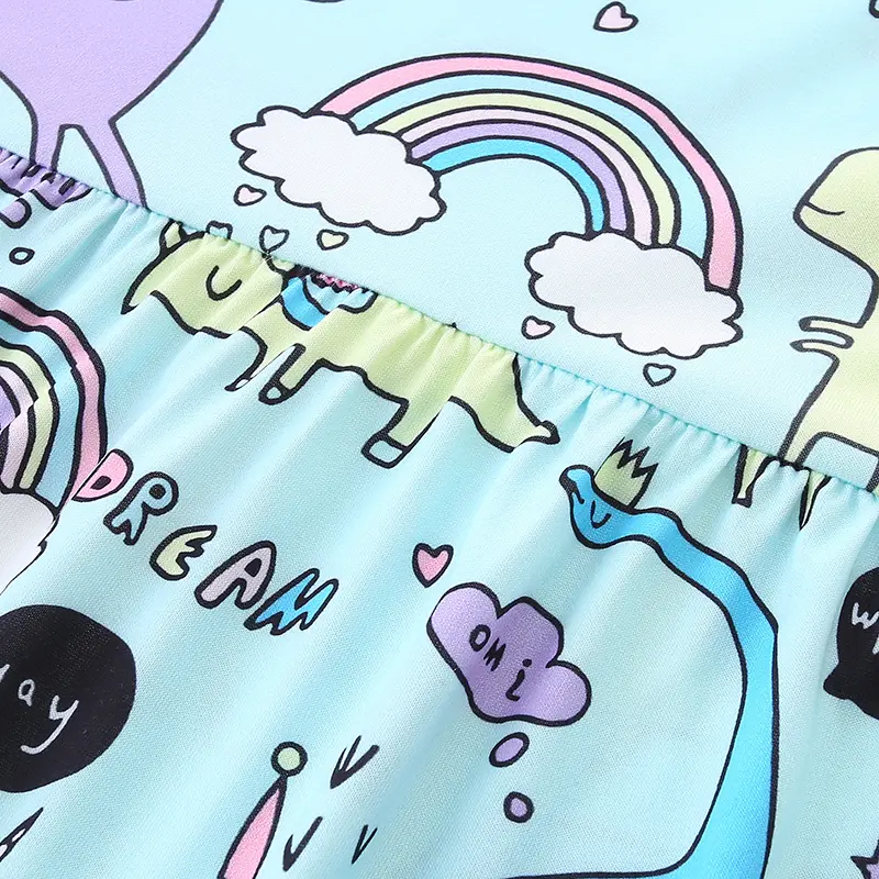 Girls' Light Blue Short - Sleeve Dress - with Dinosaur, Unicorn and Fun - themed All - over Print - Suitable for Ages 2-7y