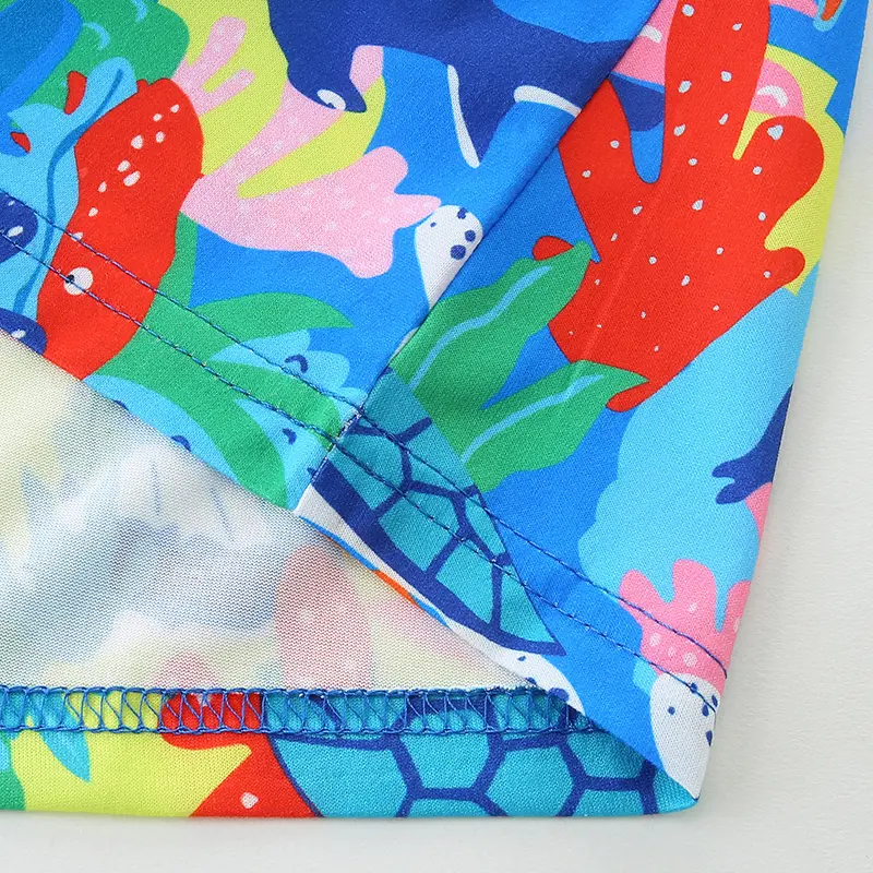Girls' Blue Short Sleeve Dress with Colorful Marine Life All over Print (Sharks, Octopuses, Turtles) Suitable for Ages 2-7 Years