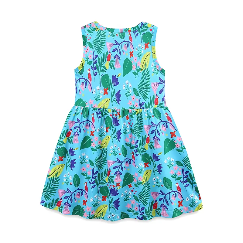 Sleeveless Toddler Dress - Light Blue with Lush Tropical Floral Print 2-7 Years