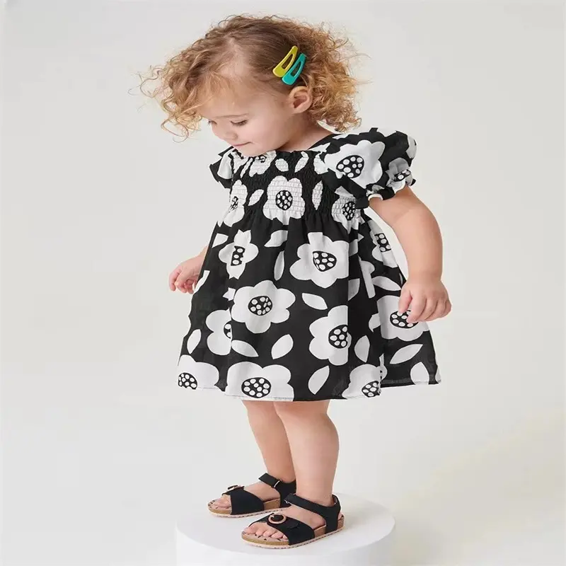 Baby Girl Princess Black Flower Dress Off Shoulder Puff Sleeve Infant Toddler Child Vestido Birthday Party Baby Clothes 2-7Y