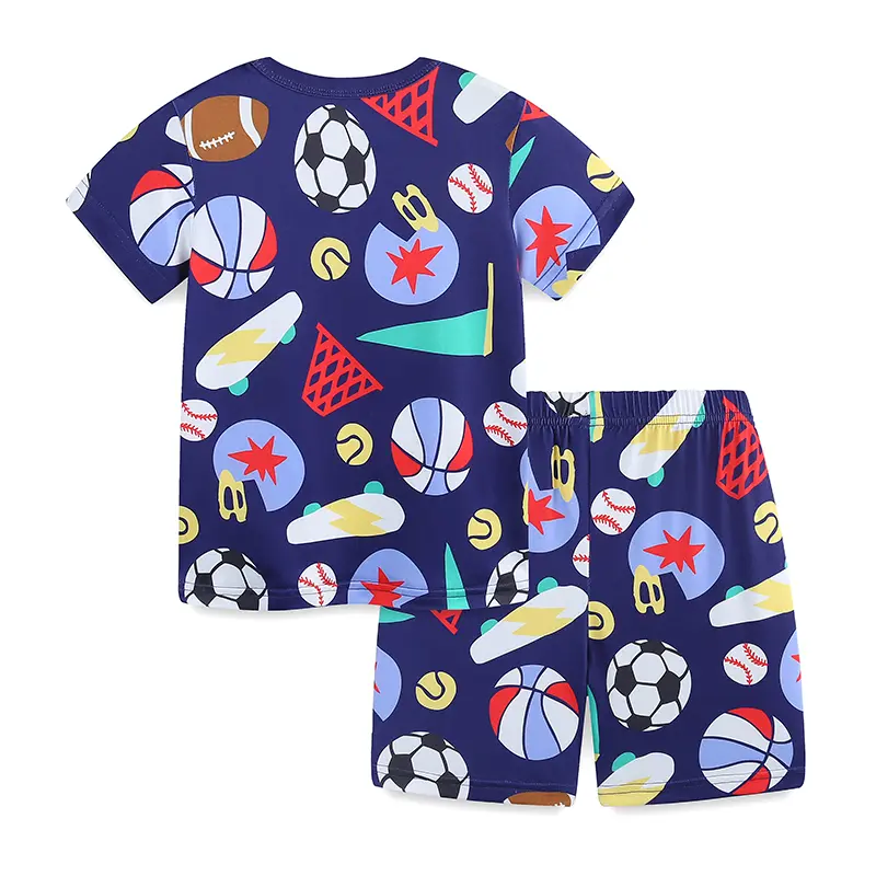 2Pcs Boys' Short Sleeve Sports themed Outfit with Basketball, Soccer Ball and Various Sports Symbols Print 3-8y