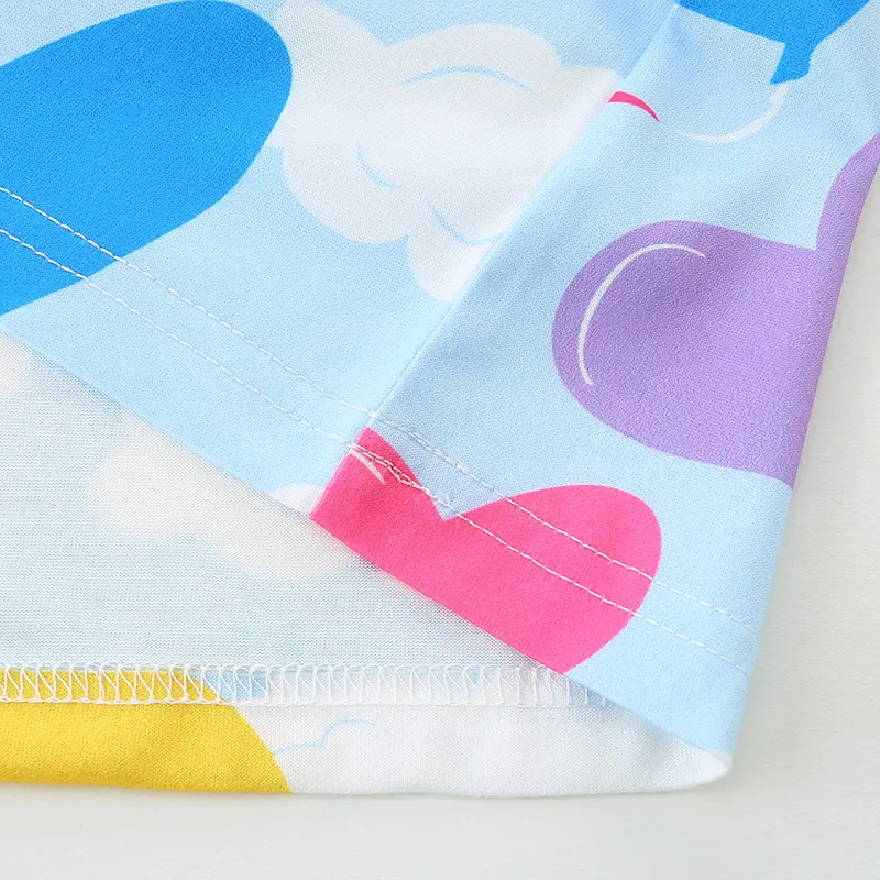 Girls' Light Blue Short - Sleeve Dress - with Heart - shaped Balloon and Cloud Prints - Suitable for Ages 3 - 8