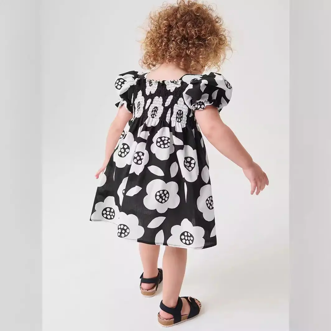 Baby Girl Princess Black Flower Dress Off Shoulder Puff Sleeve Infant Toddler Child Vestido Birthday Party Baby Clothes 2-7Y