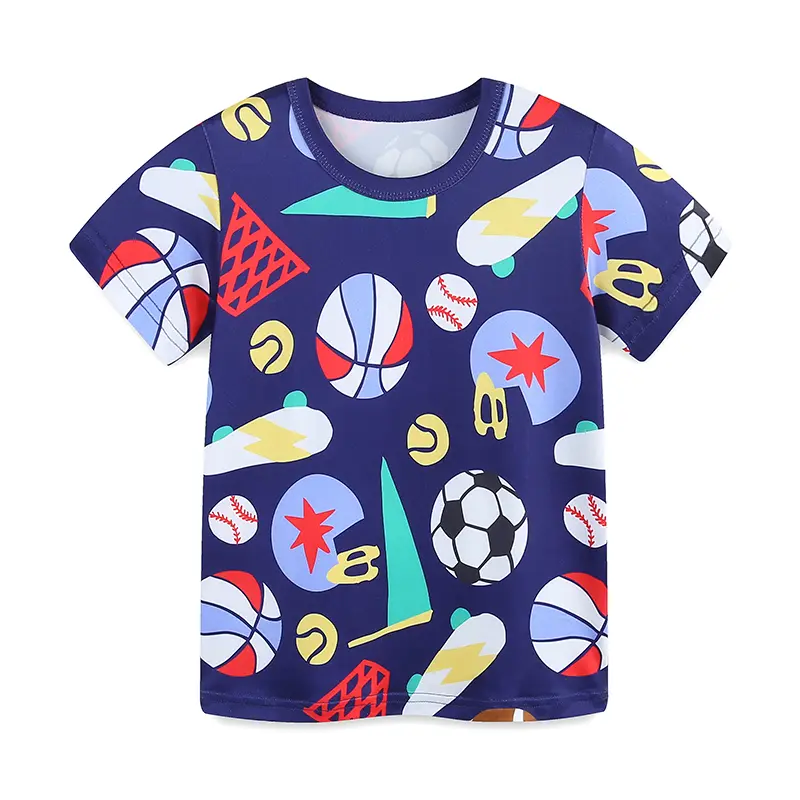 2Pcs Boys' Short Sleeve Sports themed Outfit with Basketball, Soccer Ball and Various Sports Symbols Print 3-8y