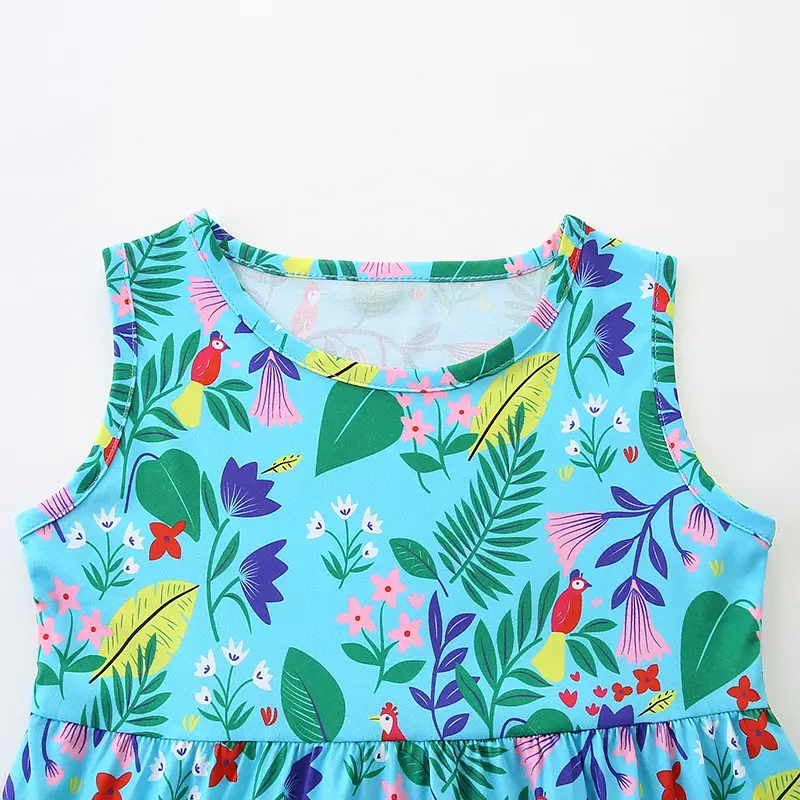 Sleeveless Toddler Dress - Light Blue with Lush Tropical Floral Print 2-7 Years