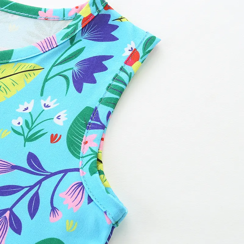 Sleeveless Toddler Dress - Light Blue with Lush Tropical Floral Print 2-7 Years