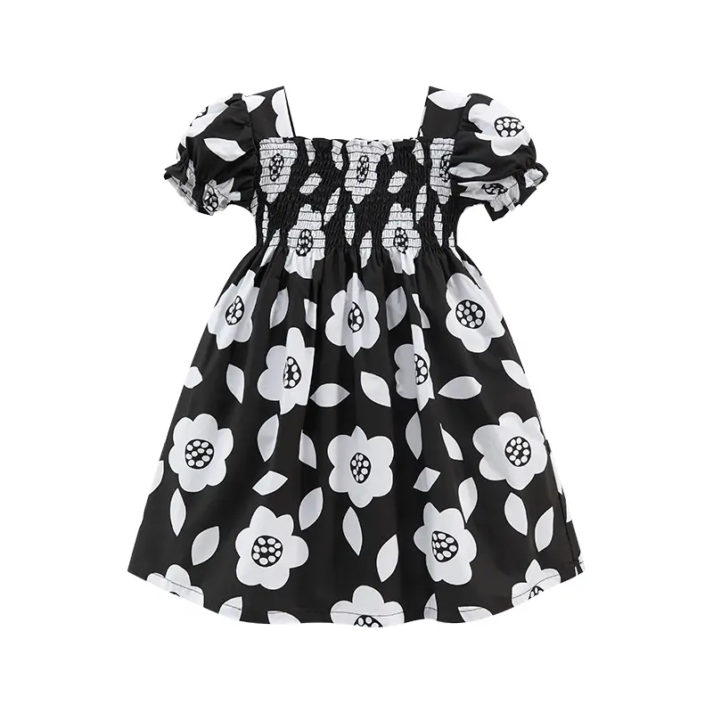 Baby Girl Princess Black Flower Dress Off Shoulder Puff Sleeve Infant Toddler Child Vestido Birthday Party Baby Clothes 2-7Y