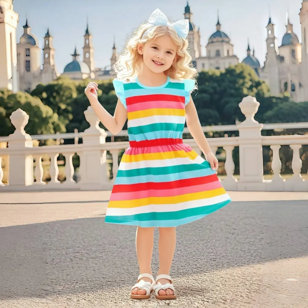 Girls Smocked Dress Classic Rainbow Cotton 2-7t Cute Princess Dress Children Boutique Clothing