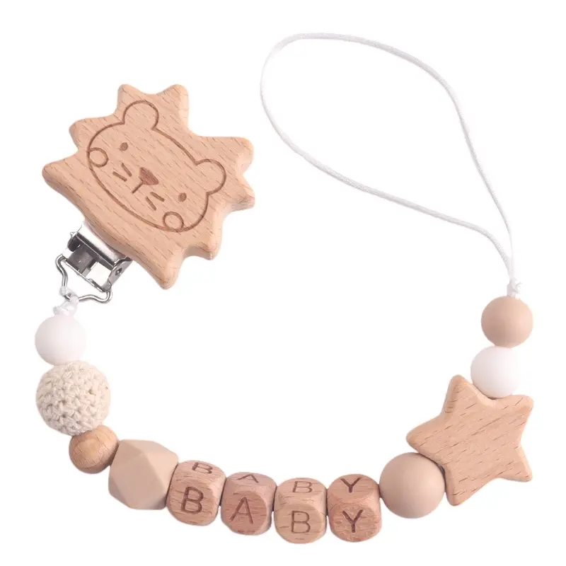 Cute Lion & Star Customizable Beech English Letter Name Baby Beech Clips Pacifier Chains Teether Pendants Baby Kawaii Gift